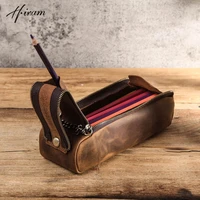 retro genuine leather pen bag pencil case double zipper high capacity for adult kids school office stationery stationery supplie