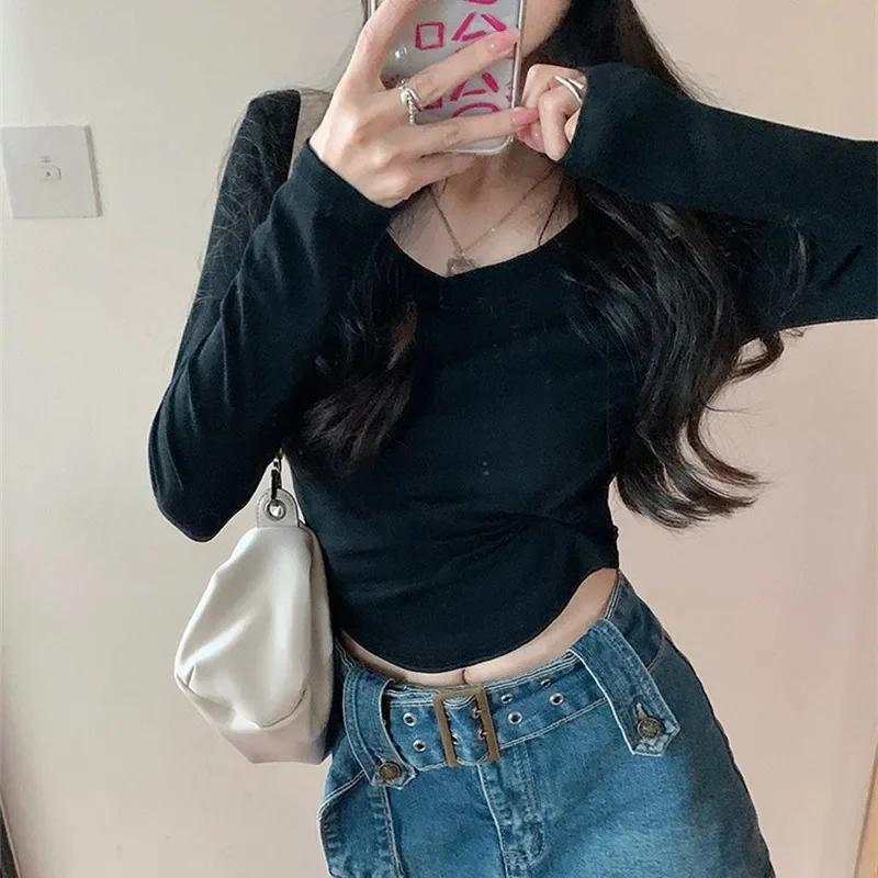 Женская весна-осень 2024 новая футболка в корейском стиле с v-образным вырезом