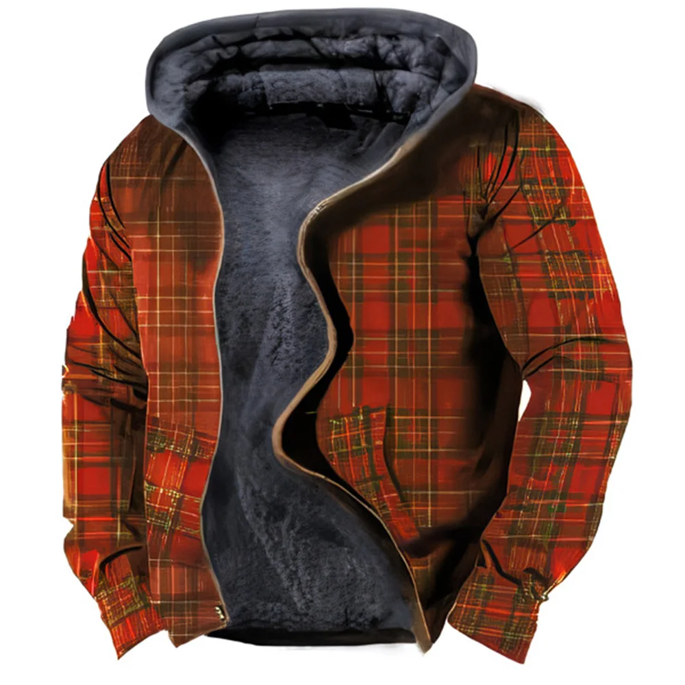 

Winter Men's Zip-up Hoodies Fleece Coat Jackets Vintage Lattice Grid Print Man Outerwear Streetwear Long Sleeve Cardigan Hooded