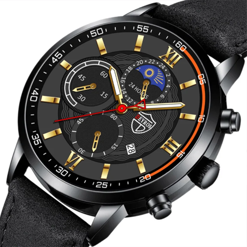 

2022 New Men Fashion Luxury Leather Strap Automatic Calendar Luminous Quartz Wrist Watch