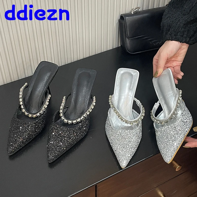 

Female Bling Footwear Party Ladies High Heels Shoes Pointed Toe Fashion Rhinestones Women Slides Heels Pumps Shoes Mules