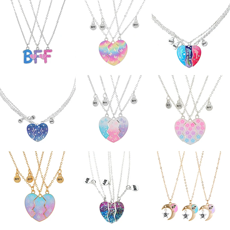 

3Pcs/set Heart Flower Rainbow Butterfly Glitter Pendant Best Friend Girl BFF Necklace of 3 for Children Friendship Jewelry Gifts