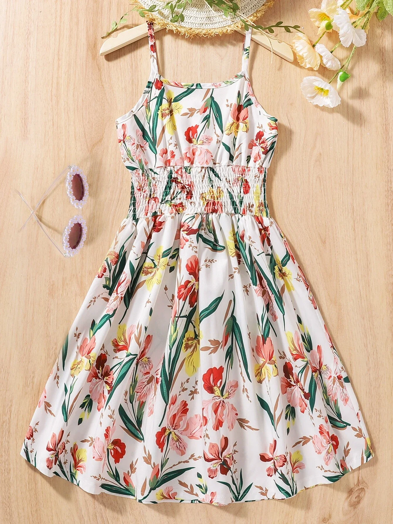 

Girls Floral Print Shirred Waist Cami Dress