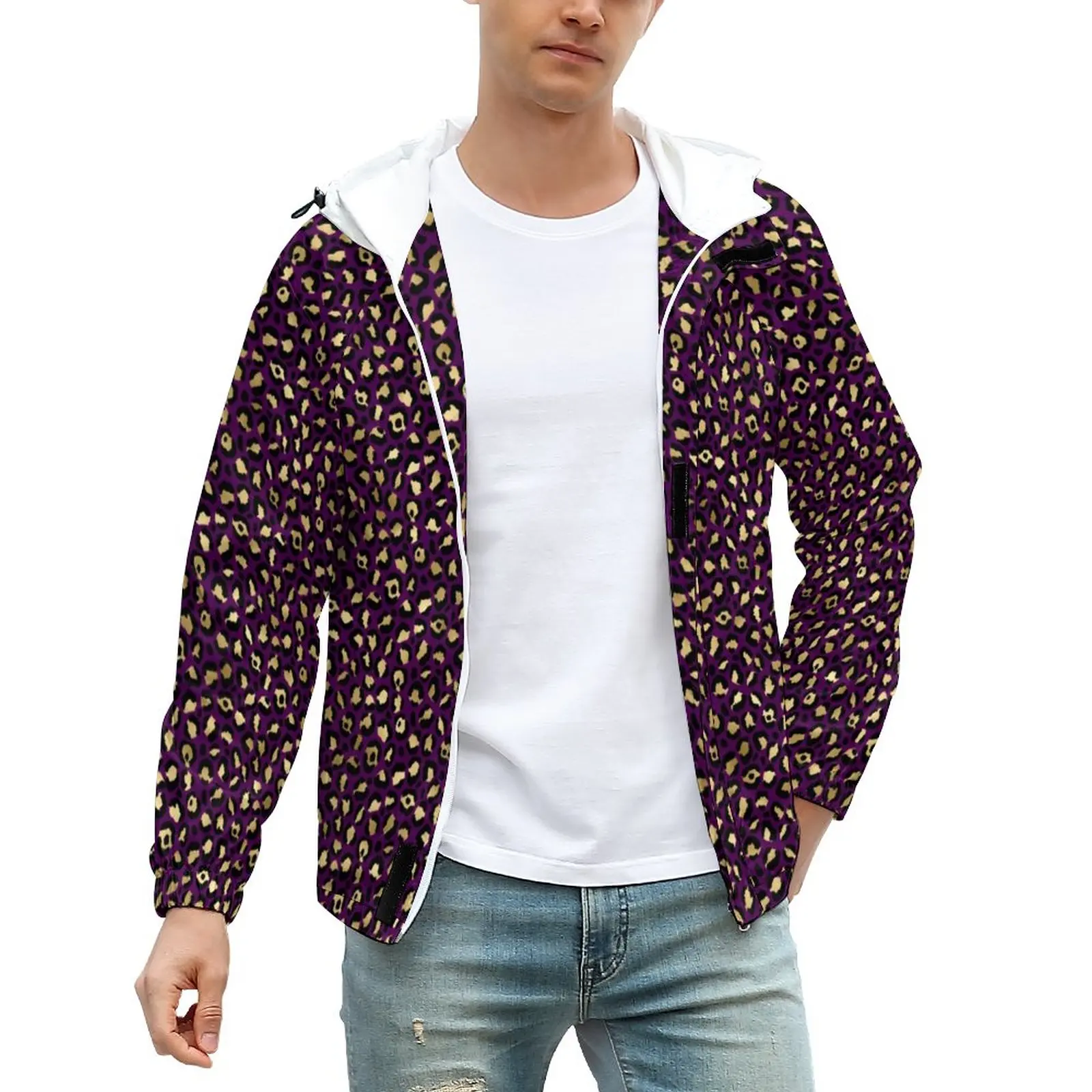 

Куртка мужская с леопардовым принтом, Повседневная ветровка на молнии, уличная одежда, фиолетового и золотого цвета, верхняя одежда на осен...
