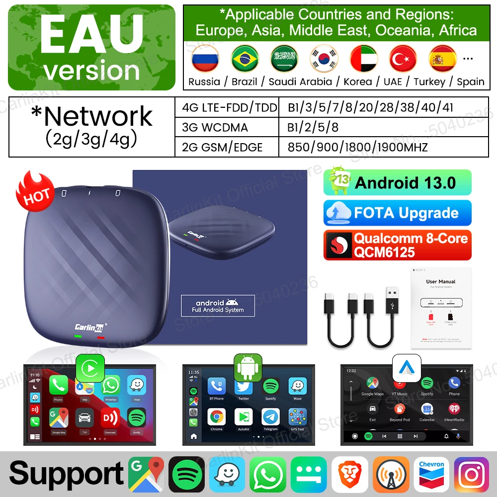 

Carlinkit 8G + 128G Android 13 CarPlay TV AI Box С QCM6125 Octa-Core, Беспроводной CarPlay, Android Auto, GPS Для YouTube