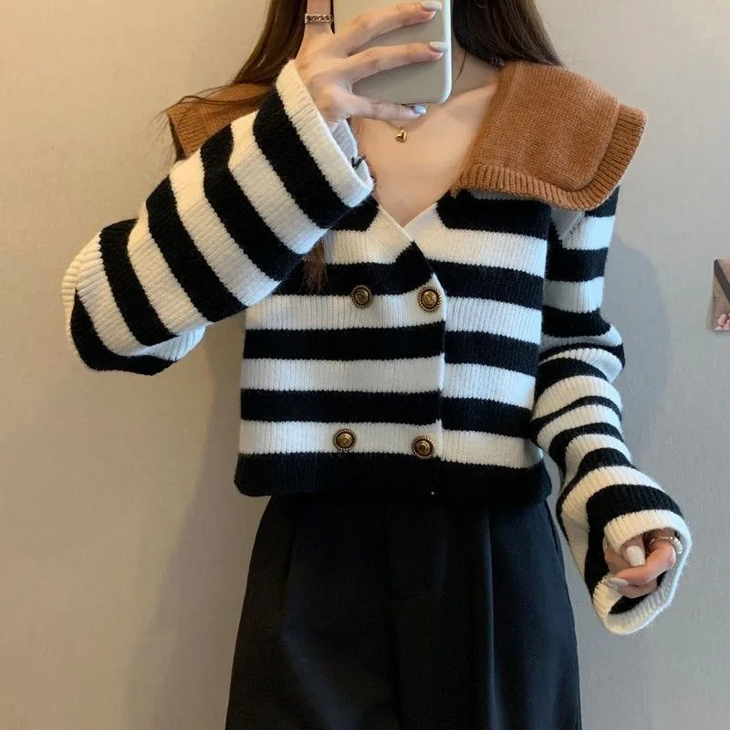 

Striped Sweater Women's Autumn New High Waist Slim Fit Slim Cardigan Knitted Top