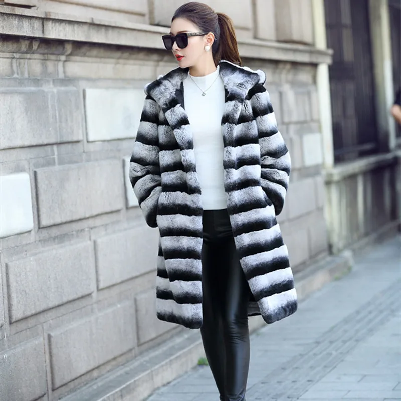 Real Rex Rabbit Fur Coat Winter Natural Fur Jacket With Hood Thick Warm Chinchilla Fur Winter Long Coats enlarge