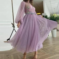 sodigne high neck purple prom dresses embroidery puff sleeves princess evening gowns tea length women party dress