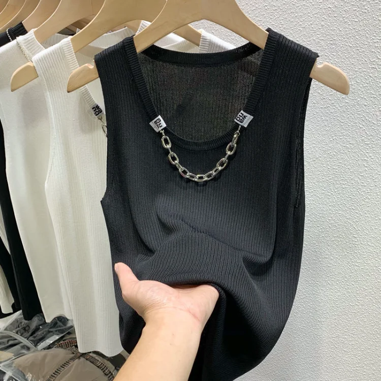 

Harajuku Grunge Oversized Solid Vest for Women Summer E-Girl Loose Sleeveless Tops Mujer Y2k Aesthetics O-neck Chains Tank Top
