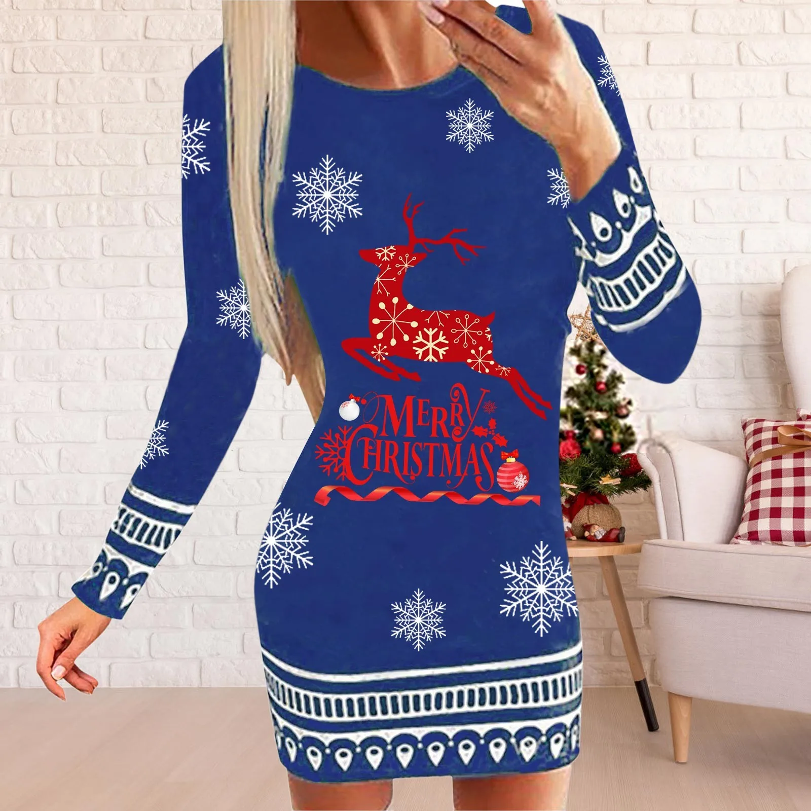 

Vintage Elegant Christmas Dress Women Long Sleeve Reindeer Letter Print Party Dress Xmas New Year Ladies Bodycon Mini Dresses