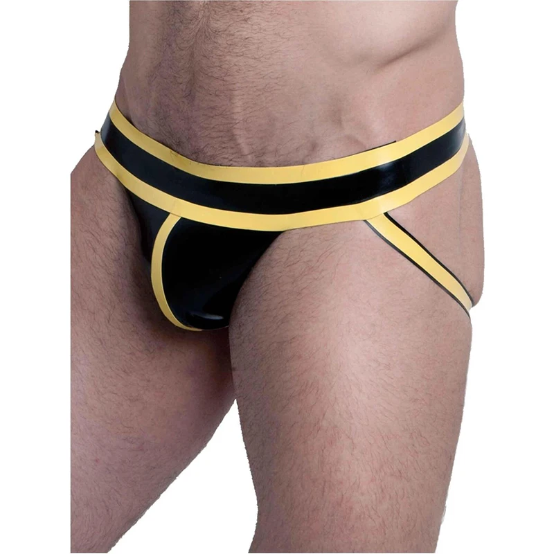 

Handmade Black Men's Latex Jock Underwera Rubber Gummi Briefs Latex Mens with Yellow Trim