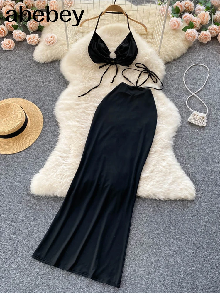 

2022 Hollow Out Sexy Two Piece Set For Women Deep V Neck Sleeveless Top High Waist Long Skirt Slim Sets Female New