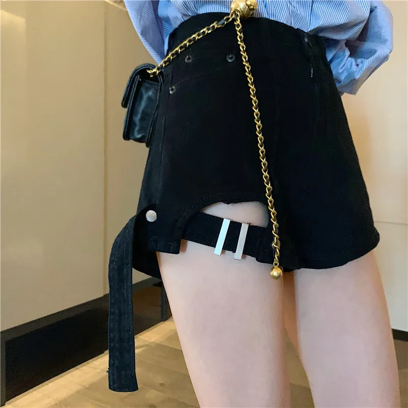 Denim Shorts Women's Large Size 2022 Summer New Retro Irregular Ripped Wide-leg Hot Shorts High Waist Thigh Belt Jeans Shorts