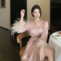 qweek sexy pajamas with feathers sleepwear bathrobe female womens long robe summer nightgowns pink designer clothes luxury