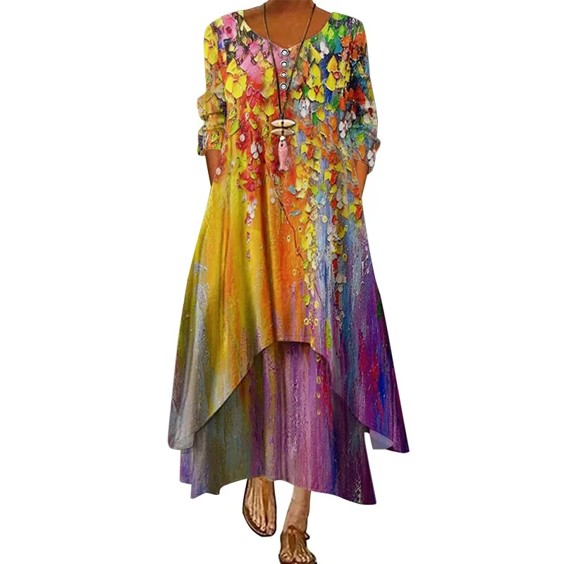 

Plus Size Print Dress Women 2022 New Fashion V Neck Long Sleeve Elegant Party Ladies Dresses Vintage Casual Maxi Dress Vestidos