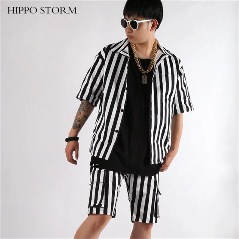 Striped men's shirts short sleeves loose shirt set Hip Hop stage wear retro casual singer stage dance clothes