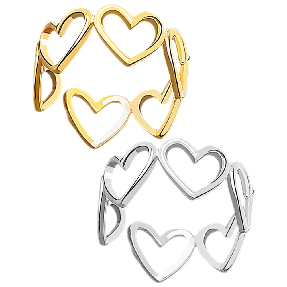 

2pcs Love Heart Rings Open Rings Women Simple Rings Hollow Out Temperament Rings