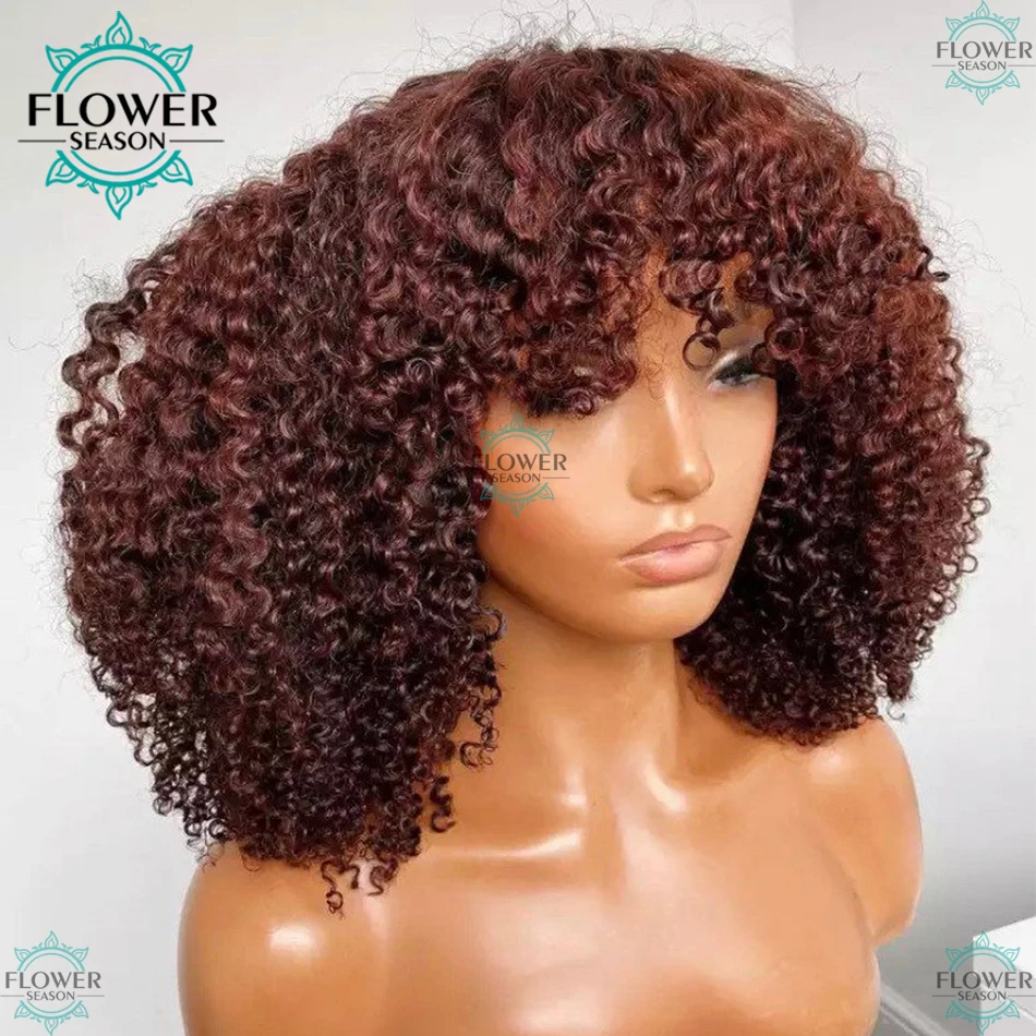 

Dark Red Afro Natural Brazilian Hair Wig With Bangs 200% Colored Full Machine Afro Kinky Curly Wig For Black Women Flowerseason