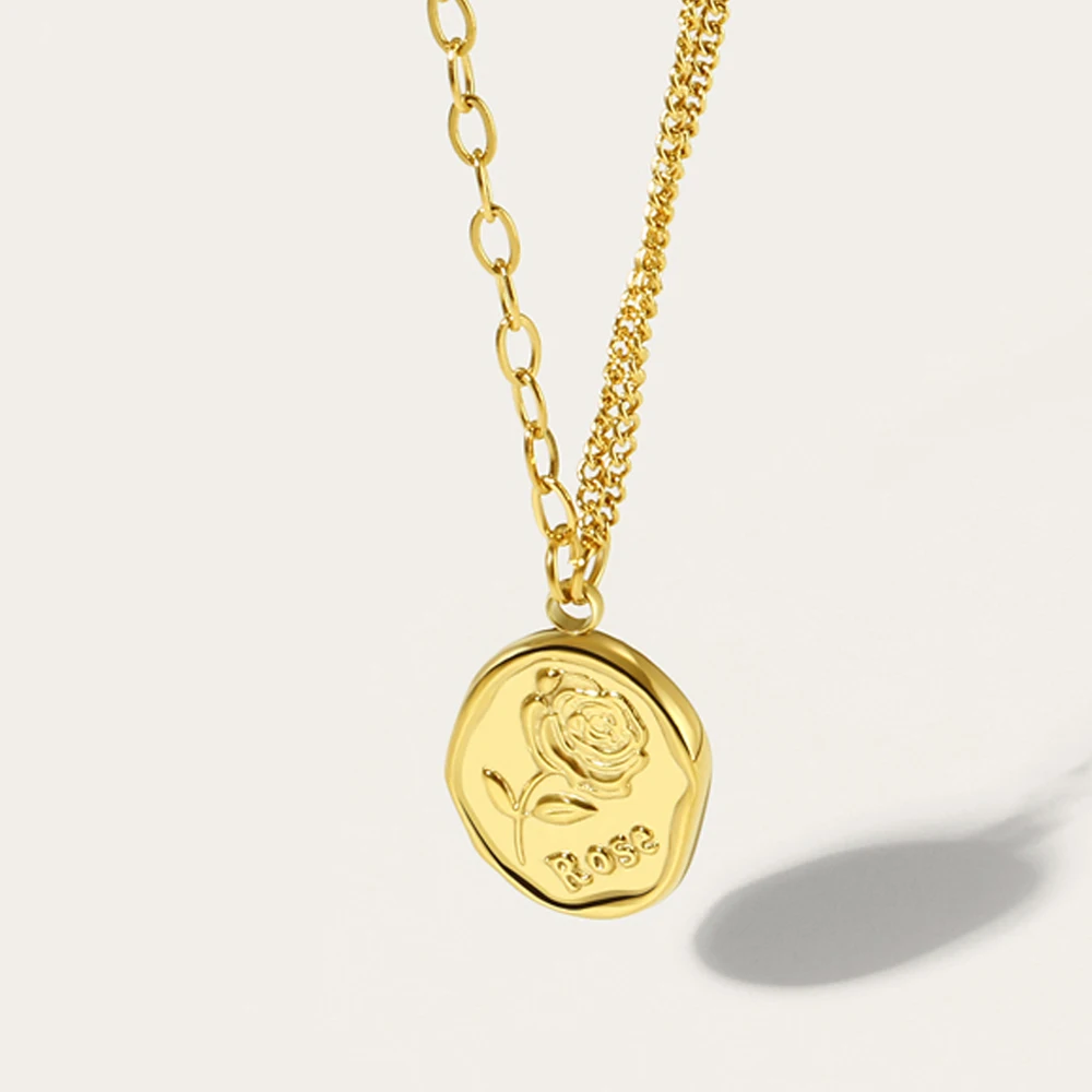 

YACHAN Нержавеющая сталь Золотая роза ожерелье с подвеской в виде монеты для женщин многосегментная соединительная цепочка водонепроницаемы...
