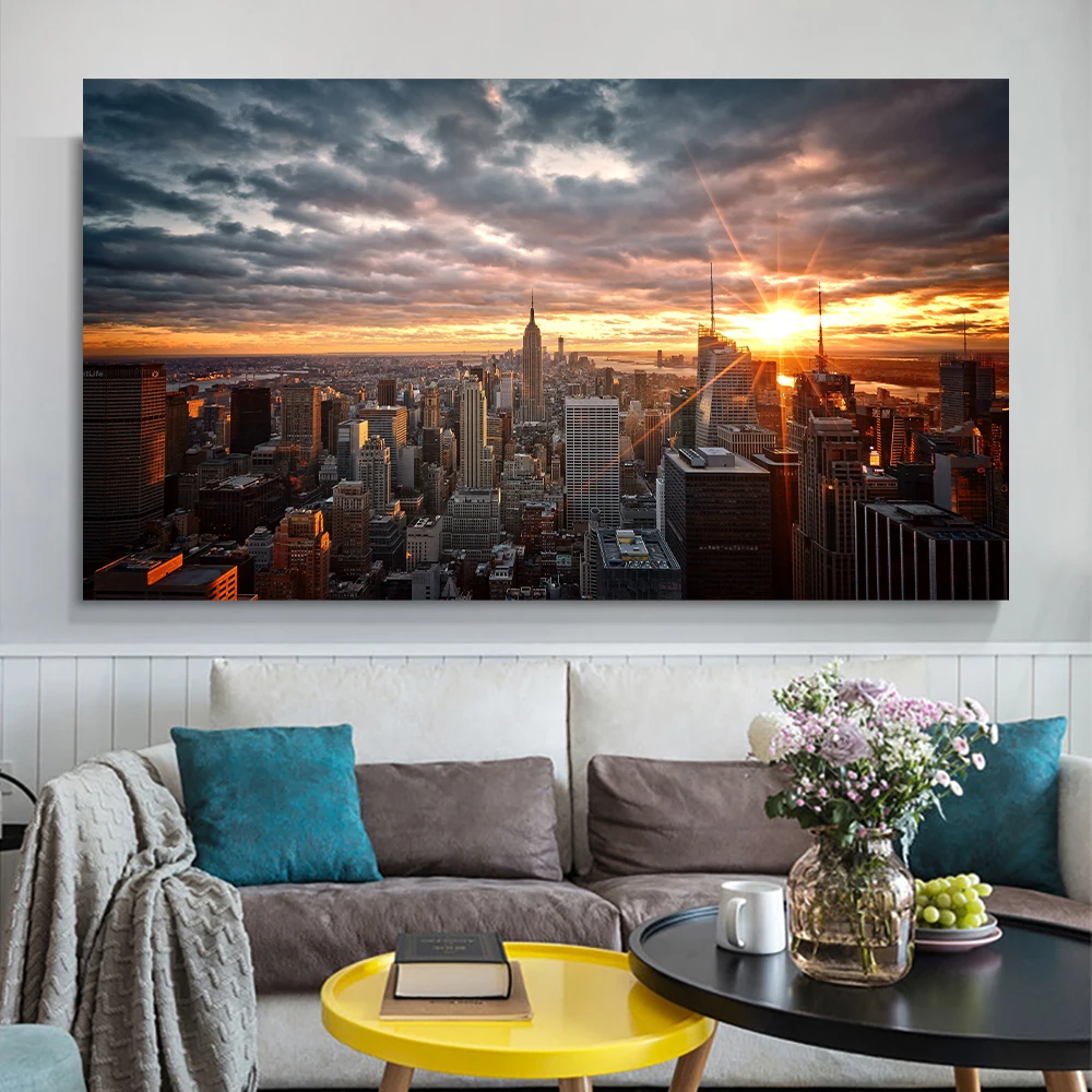Картина на холсте с изображением заката Нью-Йорка, пейзаж, плакаты и принты, картины на стену Skline of Манхэттен, украшение для дома
