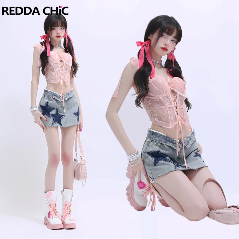 

REDDACHiC Women Grunge Y2k Star Patched Denim Skirt Mini Short A-line Vintage Blue Jean Skirt Girl Fairy Aesthetic Alt Clothing