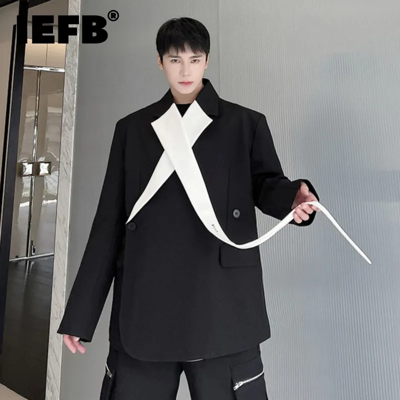 

IEFB Men Jacket 2023 Darkwear Long Sleeve Lapel Cross Decoration Long Sleeve Male Coat Temperament Top High Street 9A5276