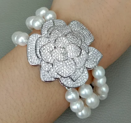 

3rows8-9mm White freshwater Pearl 18k White Gold Plated Cz pave Flower Bracelet