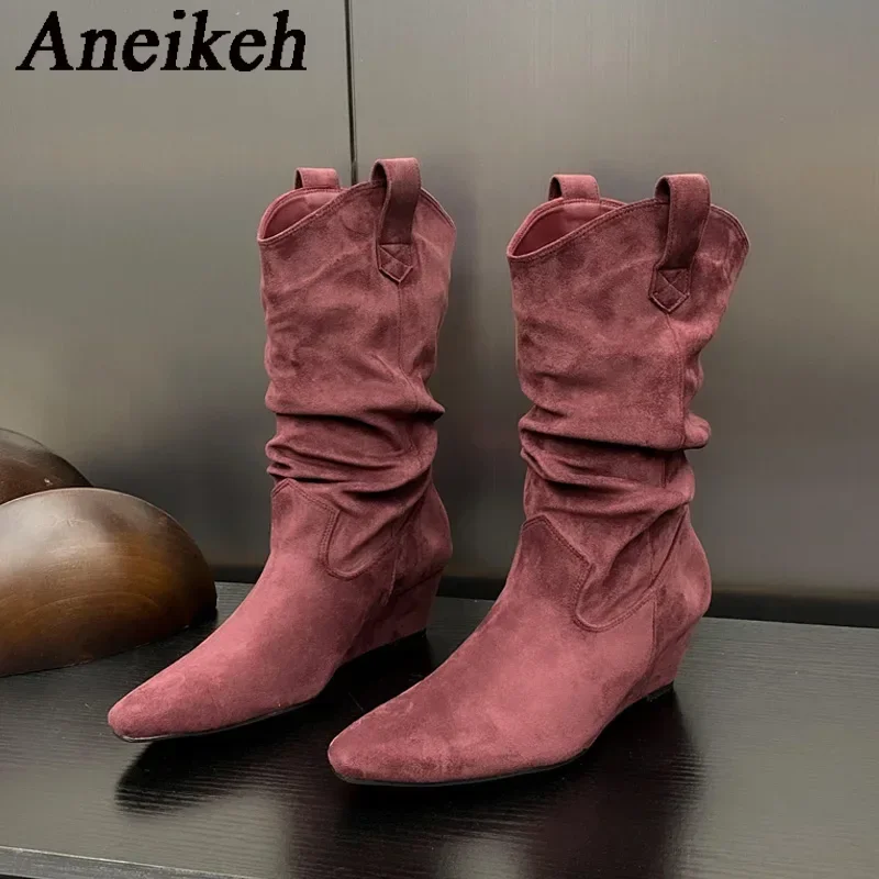 ikeh jesienne buty solidna stado damskie kliny szpiczasty nosek do połowy łydki szycie wypoczynek nowoczesne Party Slip-On 2024NEW
