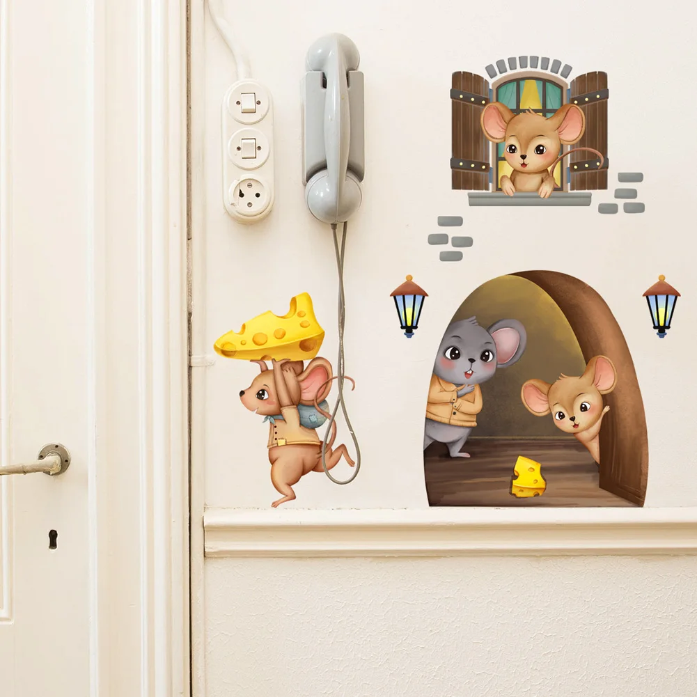 

T216# Cartoon Little Mouse Hole Window Wall Sticker Kids Room Bedroom Decoration Mural Home Decor Cute Animals Self-adhesive