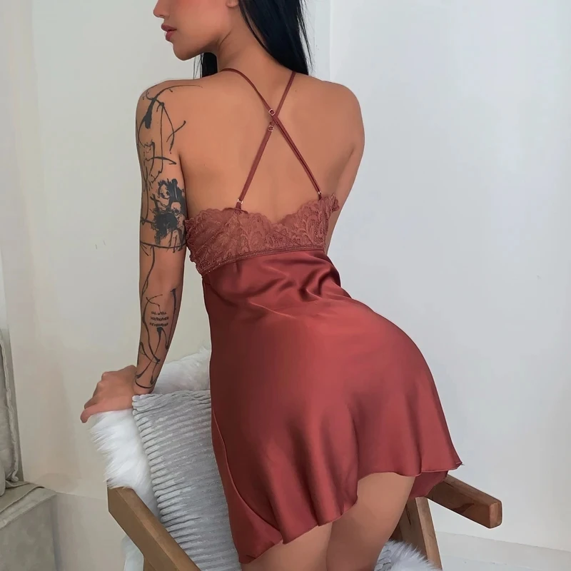 Женская атласная пижама Сексуальная кружевная тонкая ночная рубашка