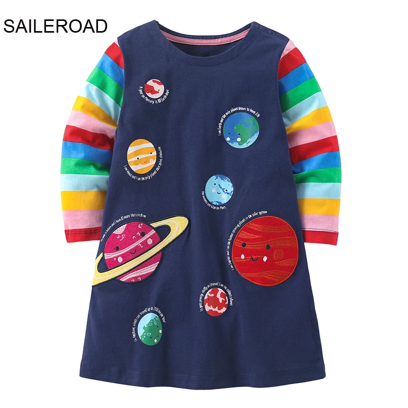 

SAILEROAD 2-7 Years Dresses Children Long Sleeve Planets Dress Outfit Baby Girl Princess Rainbow Dress Cotton Kids Clothes