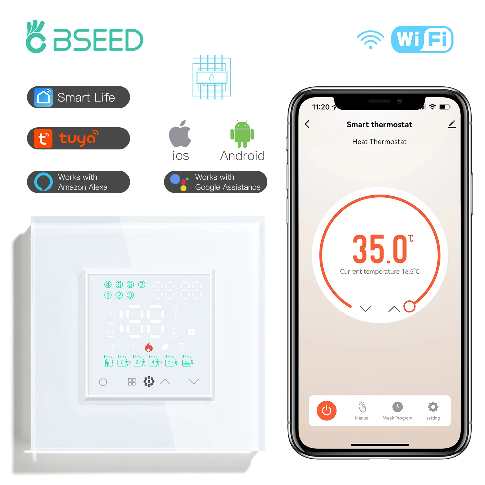 

Термостат BSEED с Wi-Fi для электрического подогрева пола, контроллер температуры водяного газового котла, умные сенсорные переключатели Tuya Smart Life