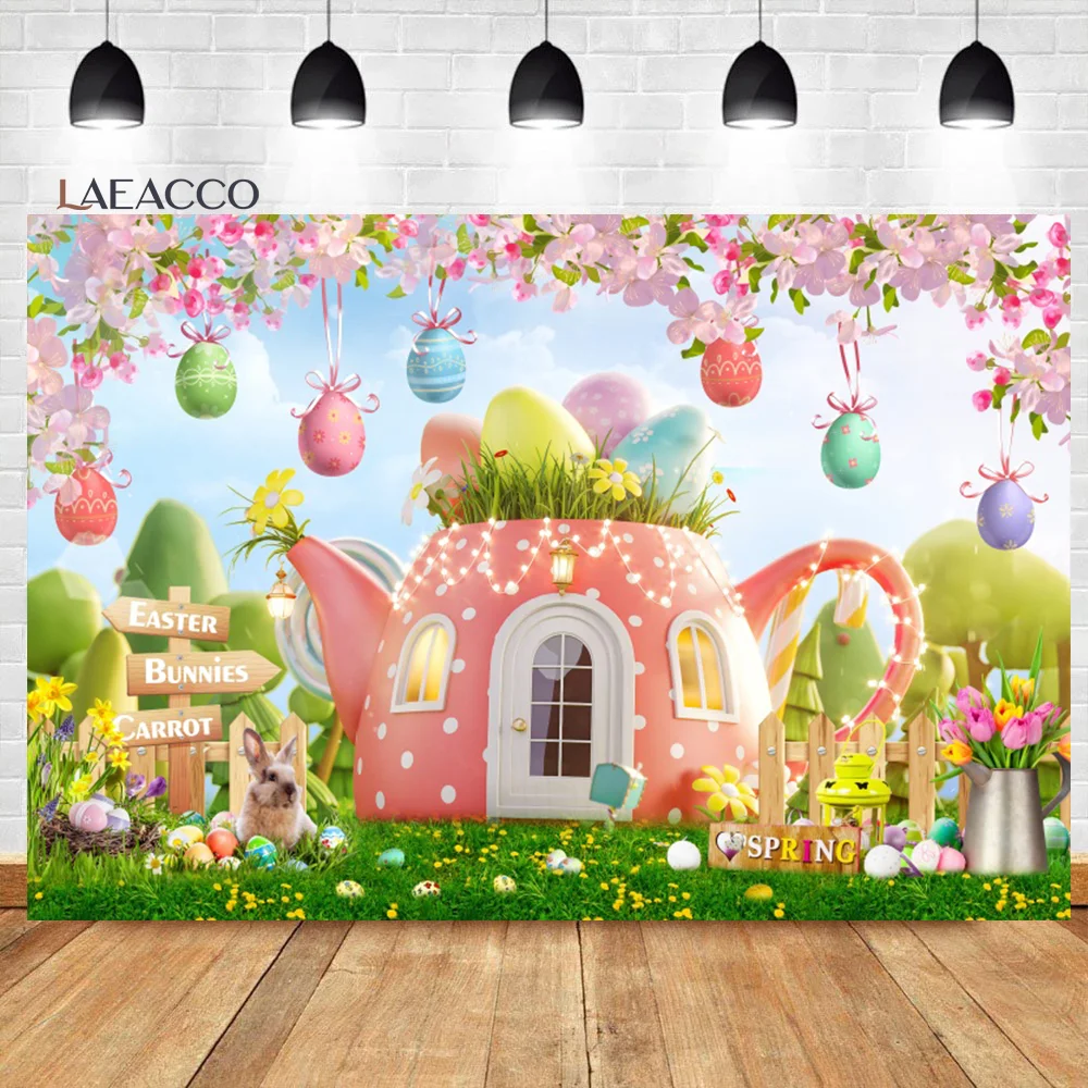 

Laeacco Easter Spring Flowers Grass Fairy Teapot House Photography Backdrop Eggs Bunney Baby Shower Portrait Photo Background