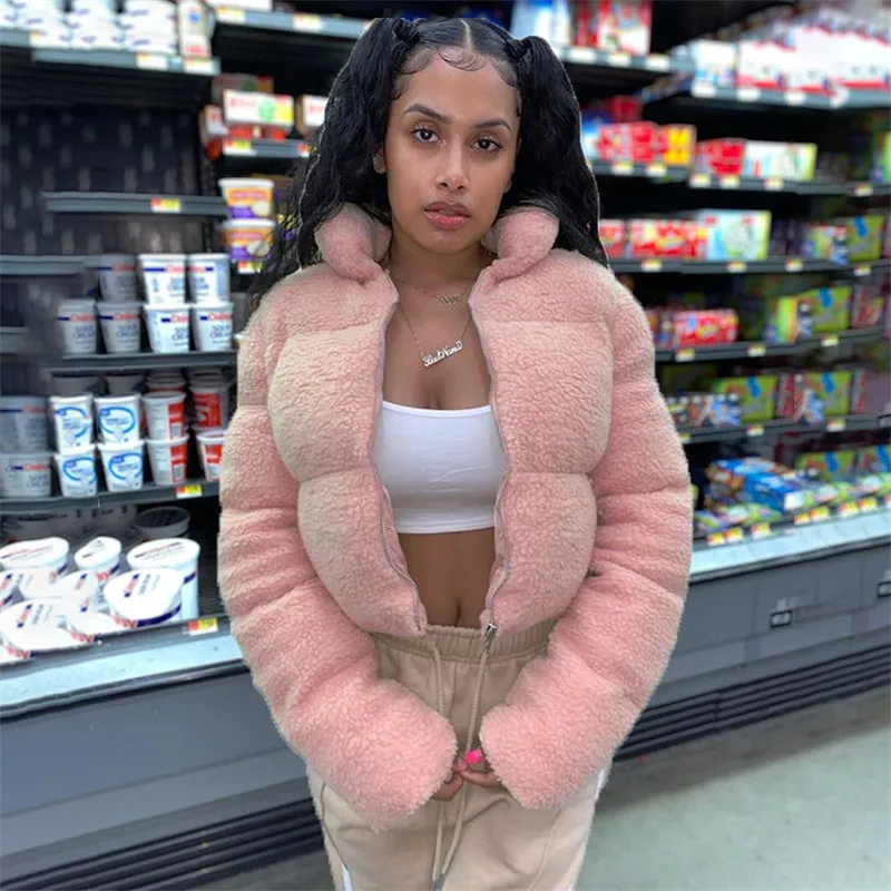 Women Bubble Coats 2021 Winter Solid Cotton Overcoat Fashion Cropped Puffer Thickened Jackets Casual Outwear Tops Parkas Female