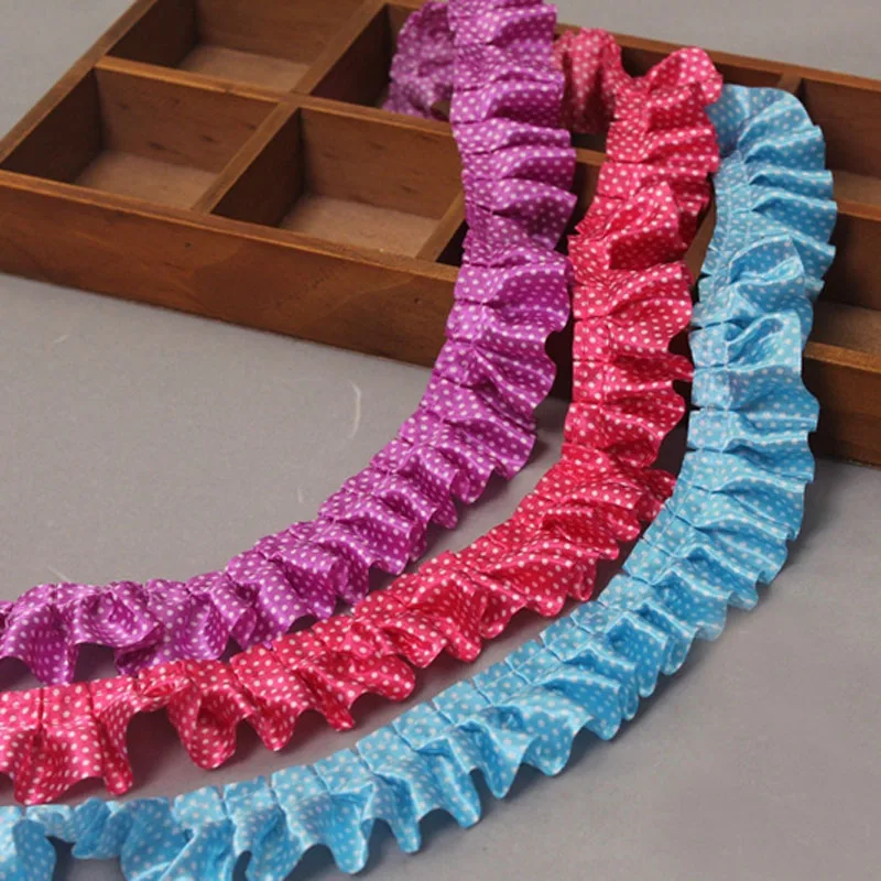 

40Yards/Lot 4cm Wide Dots Satin Ruffle Lace Trim Purple Rosy Blue Pleated Fold Ribbon For Clothing Wedding Designer Fabric
