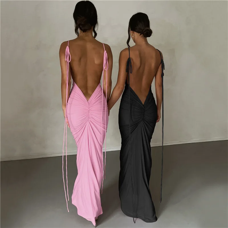 

Ruched Backless Wrap Hip Long Sling Dress Sexy Sleeveless Lace Up Bodycon Dresses 2023 Summer Banquet Dress For Women Vestidos