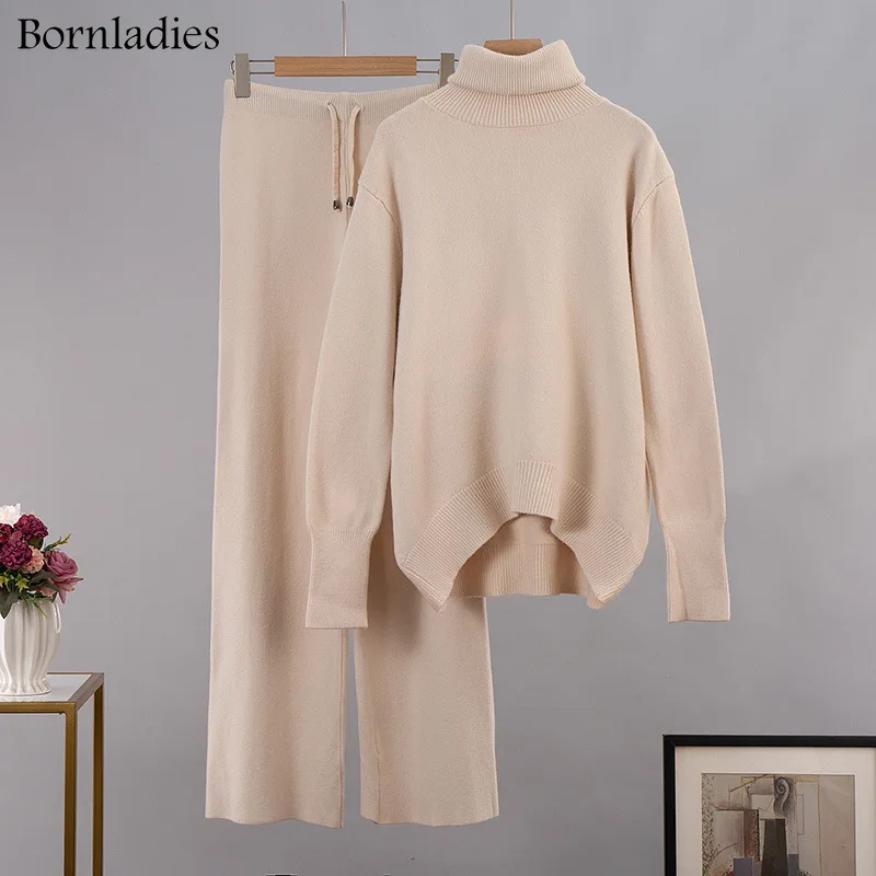 Bornladies вязаный комплект с высоким воротником женский свободный свитер + широкие