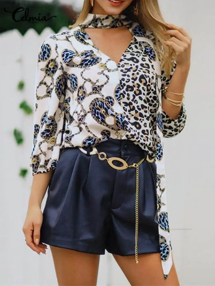 

Celmia Fashion Tie Neck Chemise Office Lady Leopard Print Tops Women Patchwork Chic Shirts 2023 Summer 3/4 Puff Sleeve Blouses