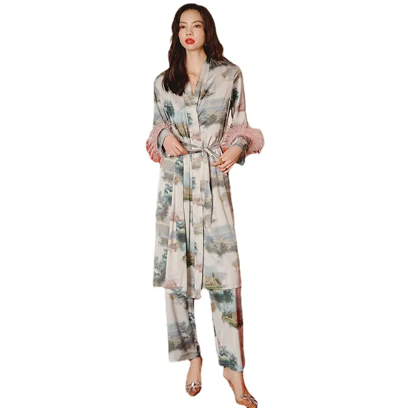 New Pajamas Women Long Sleeve Feather Ladies Ice Silk Satin Three Piece Homewear pijamas women