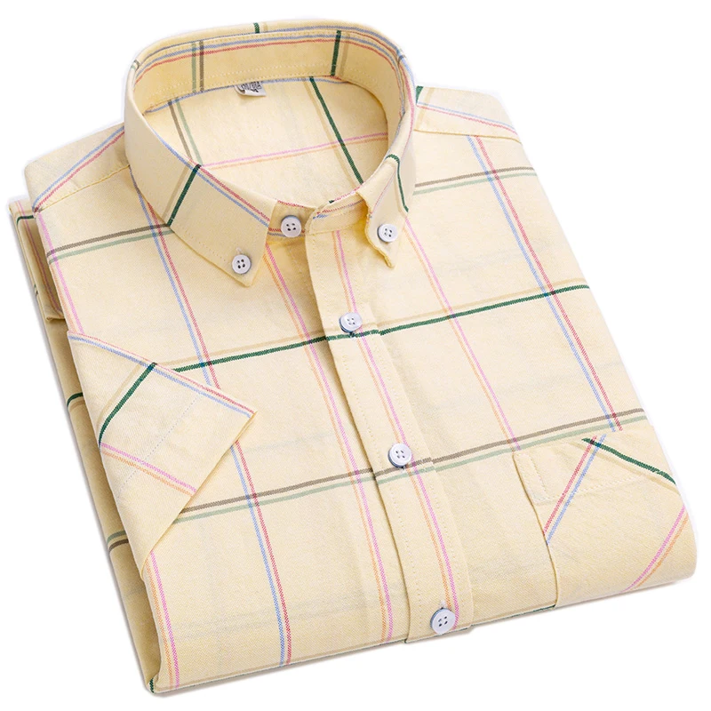 

AOLIWEN 100% Cotton Oxford Shirts A Chest Pocket Concise Short Sleeve Man Shirts Casual Versatile Plaid Slim Luxury Clothes
