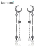 luoteemi new fashion long taseel drop earring for women black moon pearls cubic zirconia tassel earring wholesale wedding jewelr
