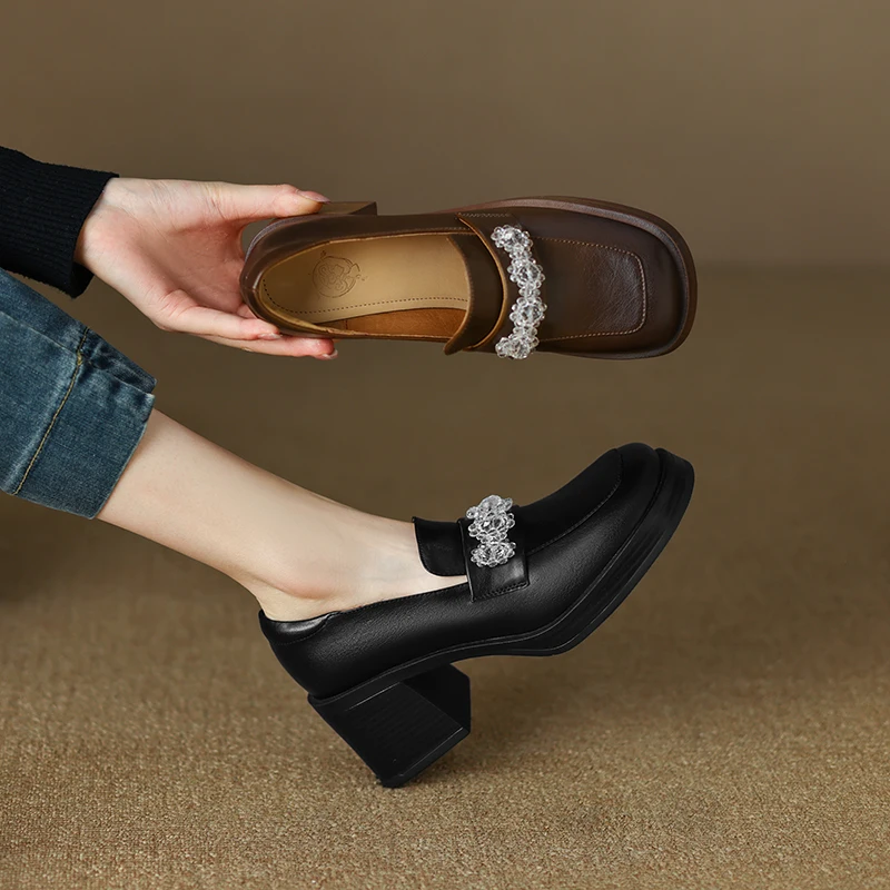 

2023 new winter spring women pumps natural leather 22-25cm length cowhide+pigskin loafers Crystal Mary Jane shoes High heels