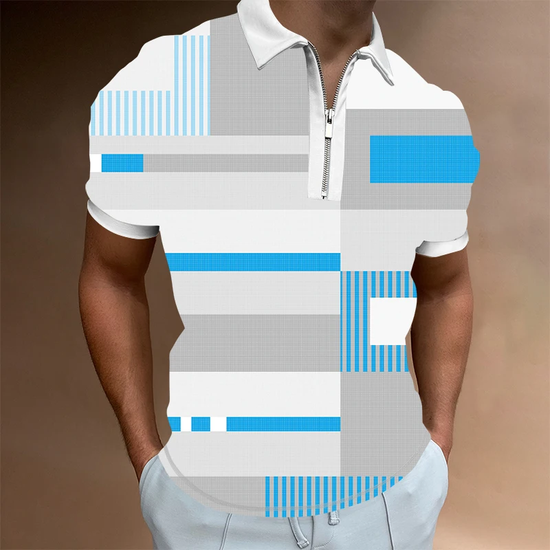 

Fashion Striped Patchwork Short Sleeve Tops For Men Casual Turn-down Collar Zip-up Polo Shirts 2021 Summer Men's Slim Polo 2022