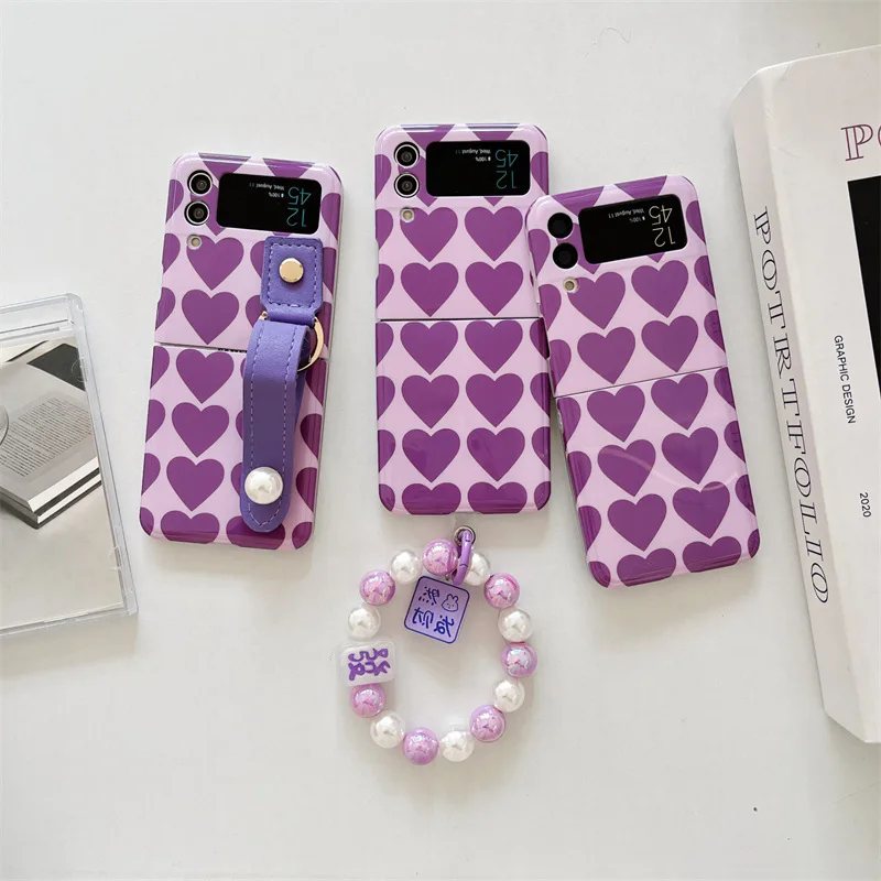 

Ins Purple Heart Pendant Phone Case with Strap for Samsung Galaxy Z Flip 4 3 Hard Cover for ZFlip3 Zflip4 Solid Shell Bracket