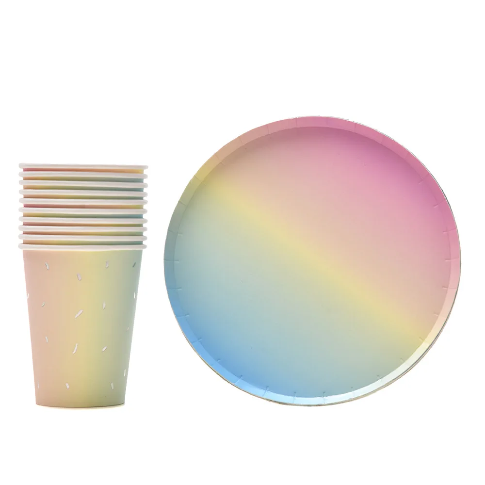 

Gradient Rainbow Color Disposable Tableware Set Bronzing Dot Decorating Paper Plate Cup Straw for Wedding Birthday Party Supply