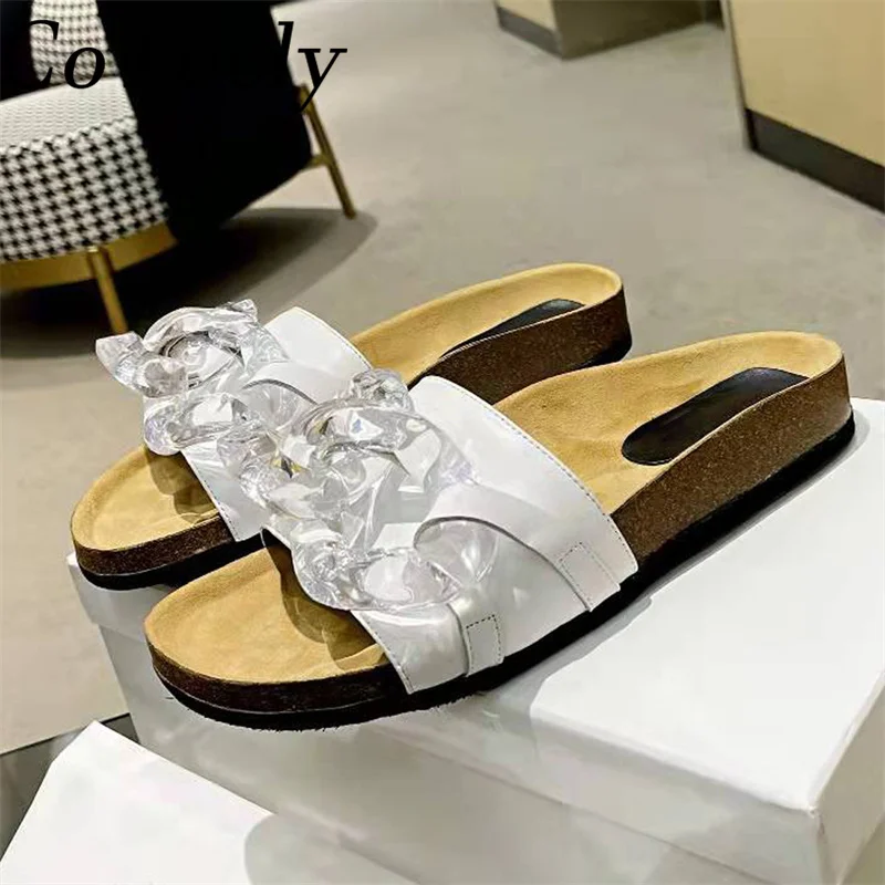 

Chain Decor Flat Slippers Women Peep Toe Black White Thick Sole Mules Casual Holiday Shoes Woman Summer Slides Women Sandals