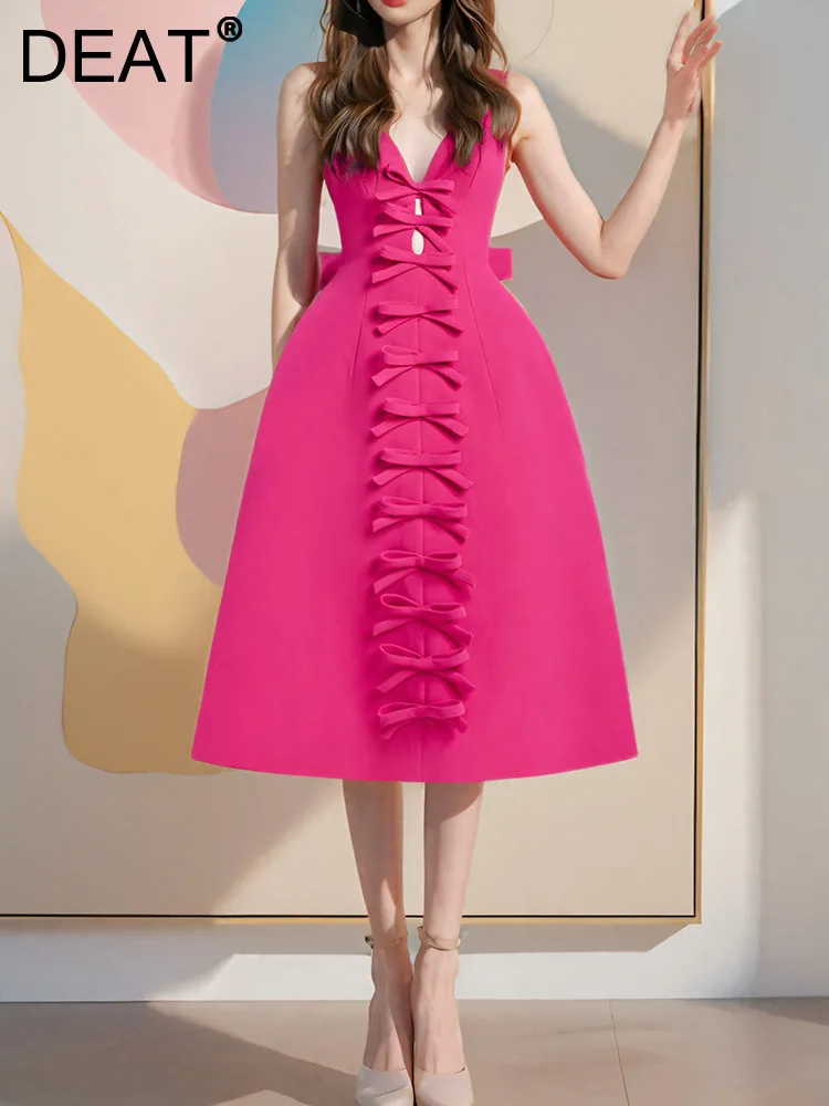 Женское платье без рукавов DEAT однотонное вечернее с бантом и высокой талией