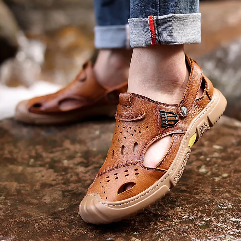 SALUDAS Sandals Men Genuine Leather Handmade Luxury Sandals Summer Anti-Skid Breathable Outdoor Beach Slippers Casual Shoes