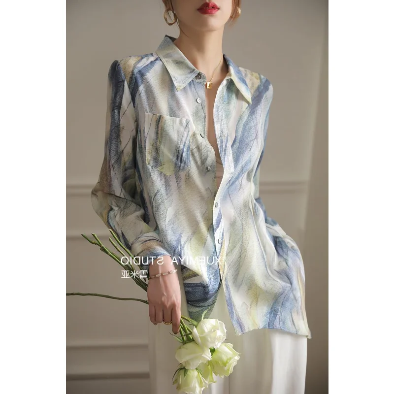 

Real silk shirt female silk new design sense niche beautiful printed sense mulberry silk shirt