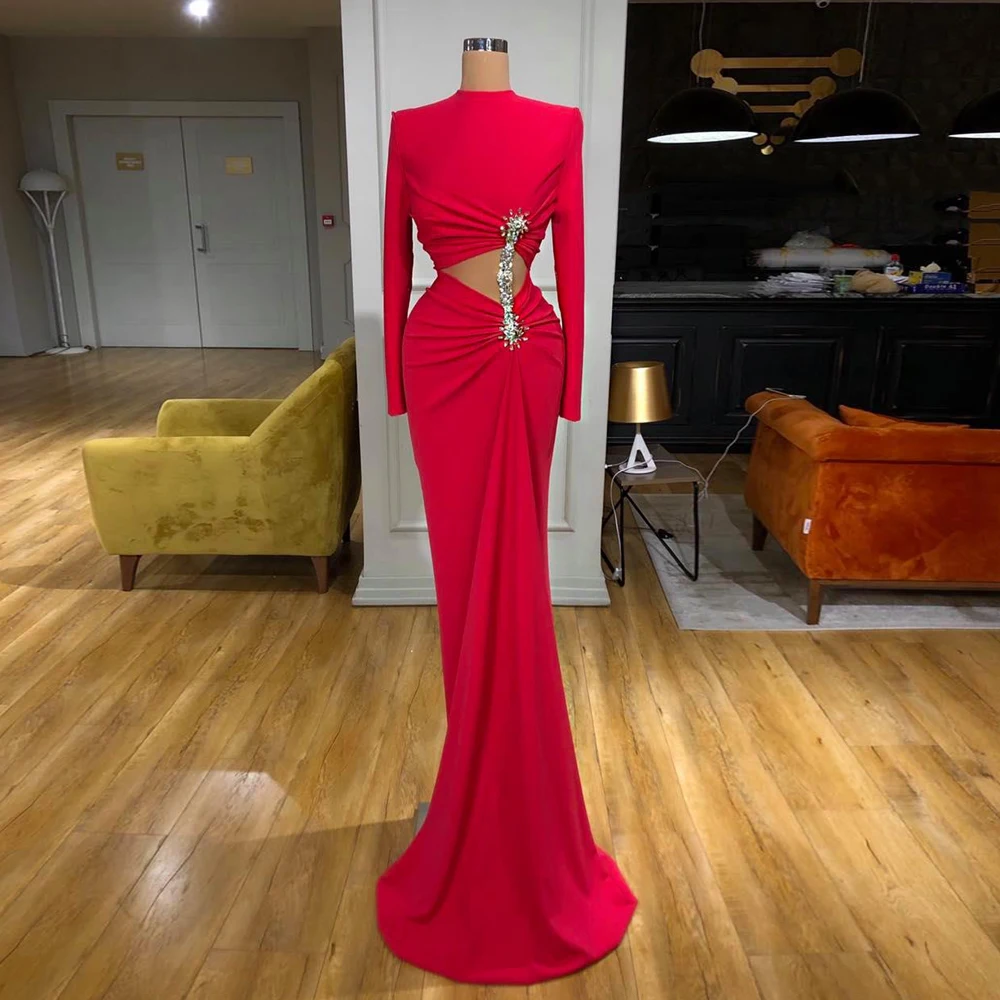 

Sexy High Neck Long Sleeves Mermaid Evening Dress Cut-out Beading Stones Sweep Train Custom Size Formal Party Gown Prom